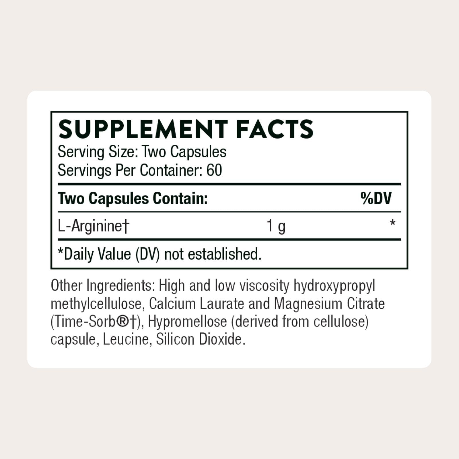 THORNE L-Arginine Sustained-Release capsules close-up, easy daily dosing.