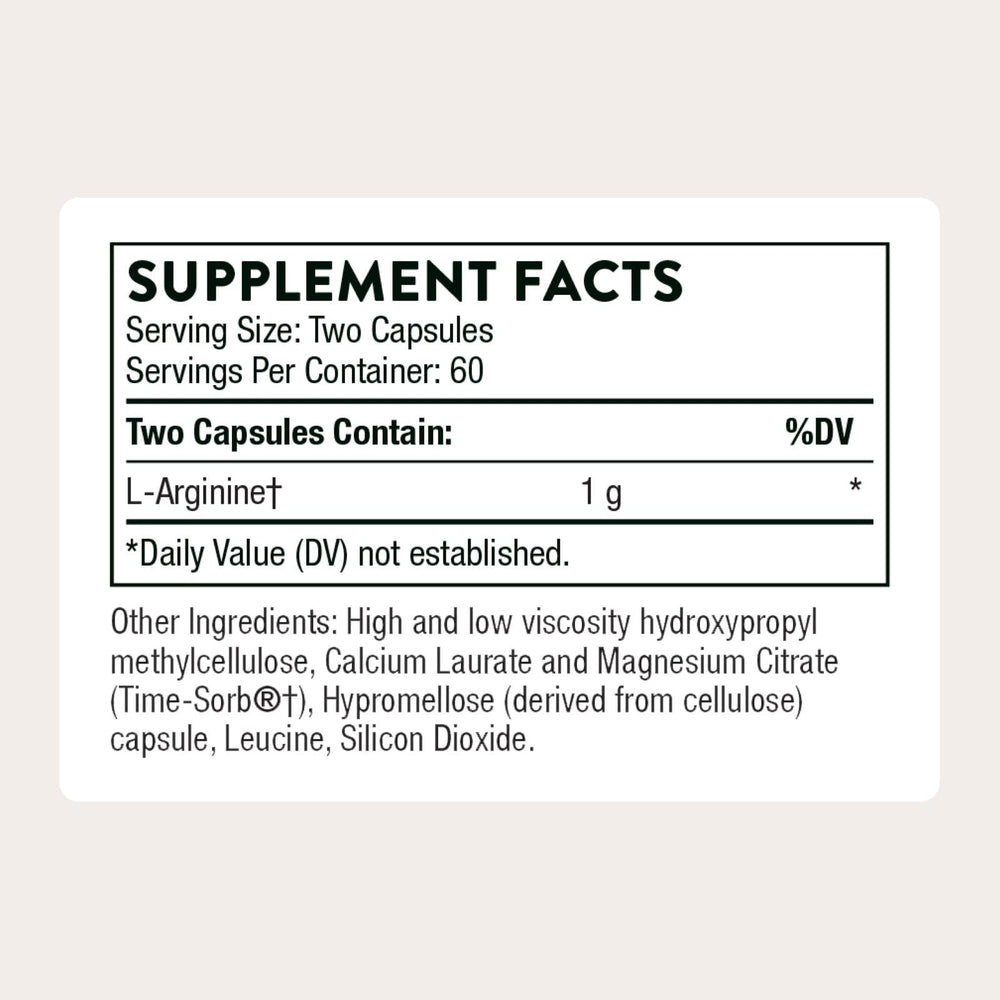 THORNE L-Arginine Sustained-Release capsules close-up, easy daily dosing.