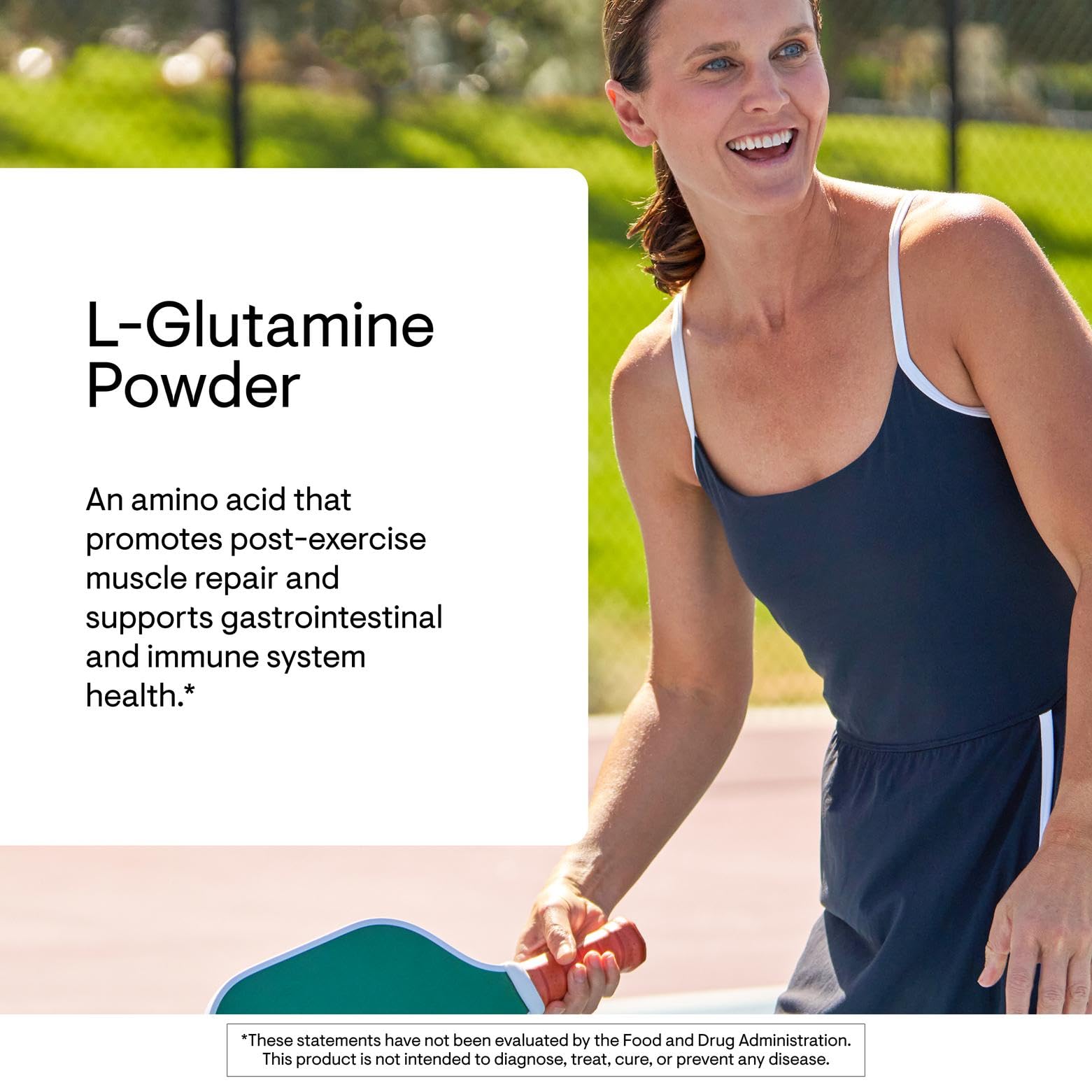 THORNE L-Glutamine label closeup notes NSF certification and allergen-free claim