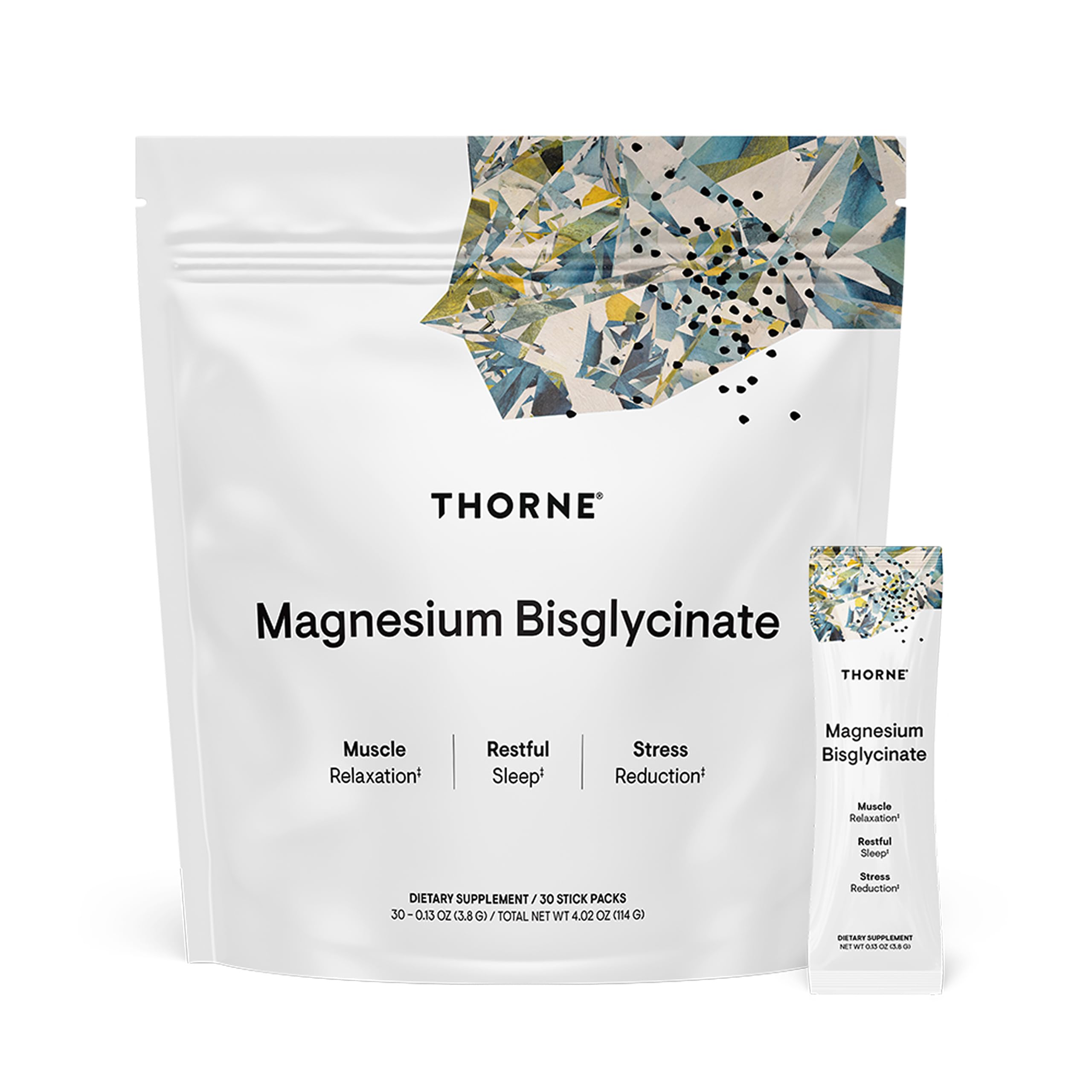 THORNE Magnesium Bisglycinate bottle on a kitchen counter, supporting daily wellness.