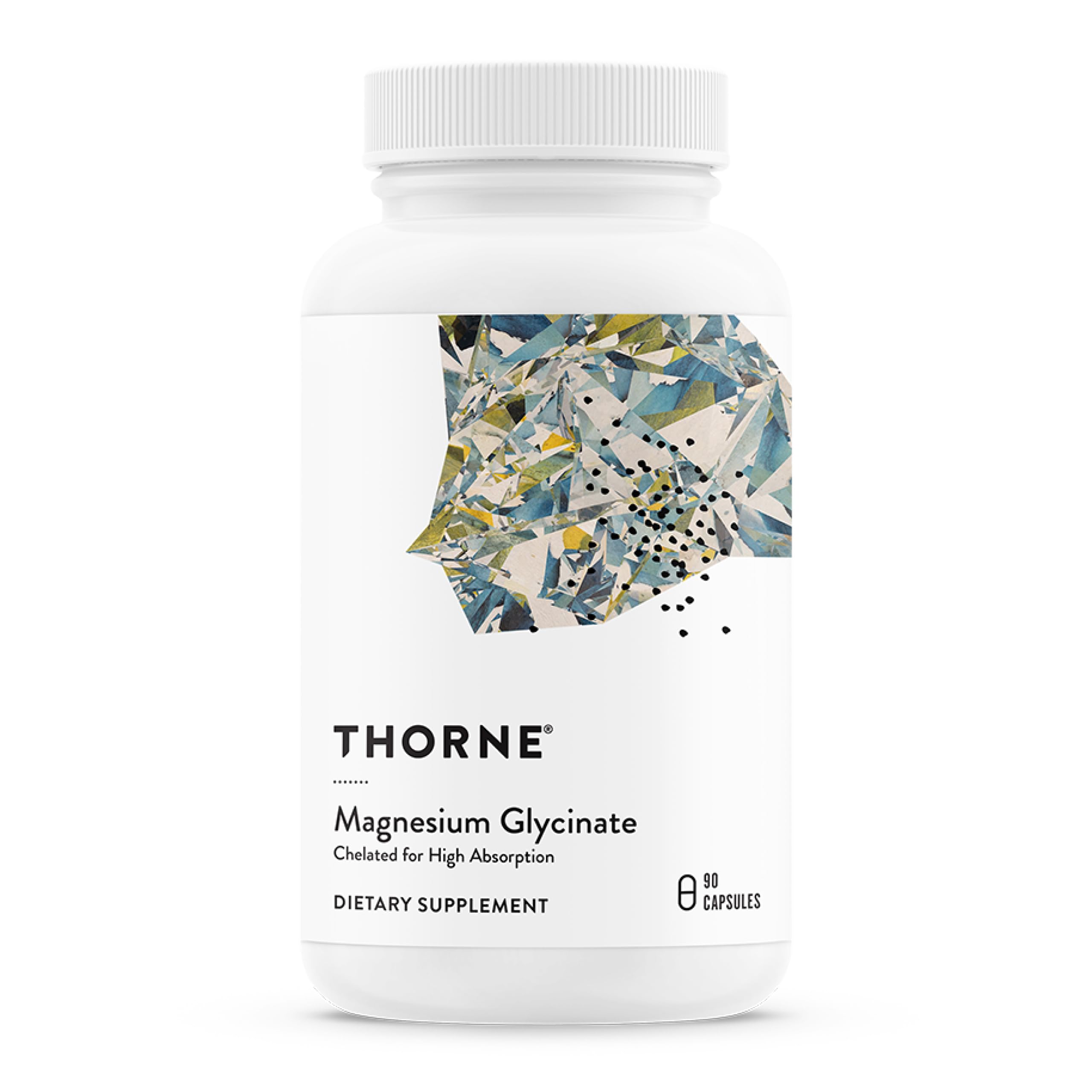 Thorne Magnesium Glycinate bottle closeup highlighting chelated formula for restful sleep
