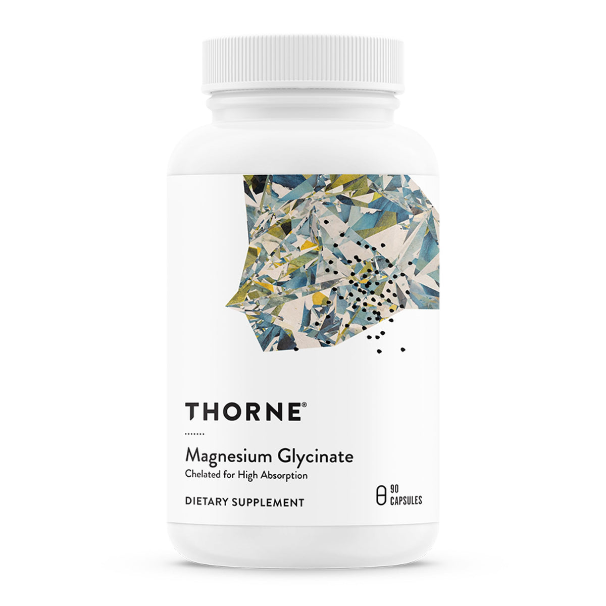 Thorne Magnesium Glycinate bottle closeup highlighting chelated formula for restful sleep