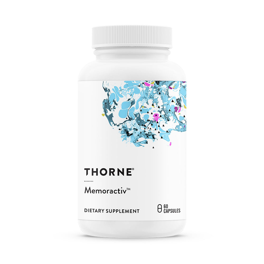 Thorne Memoractiv bottle view showing sleek packaging for daily brain support