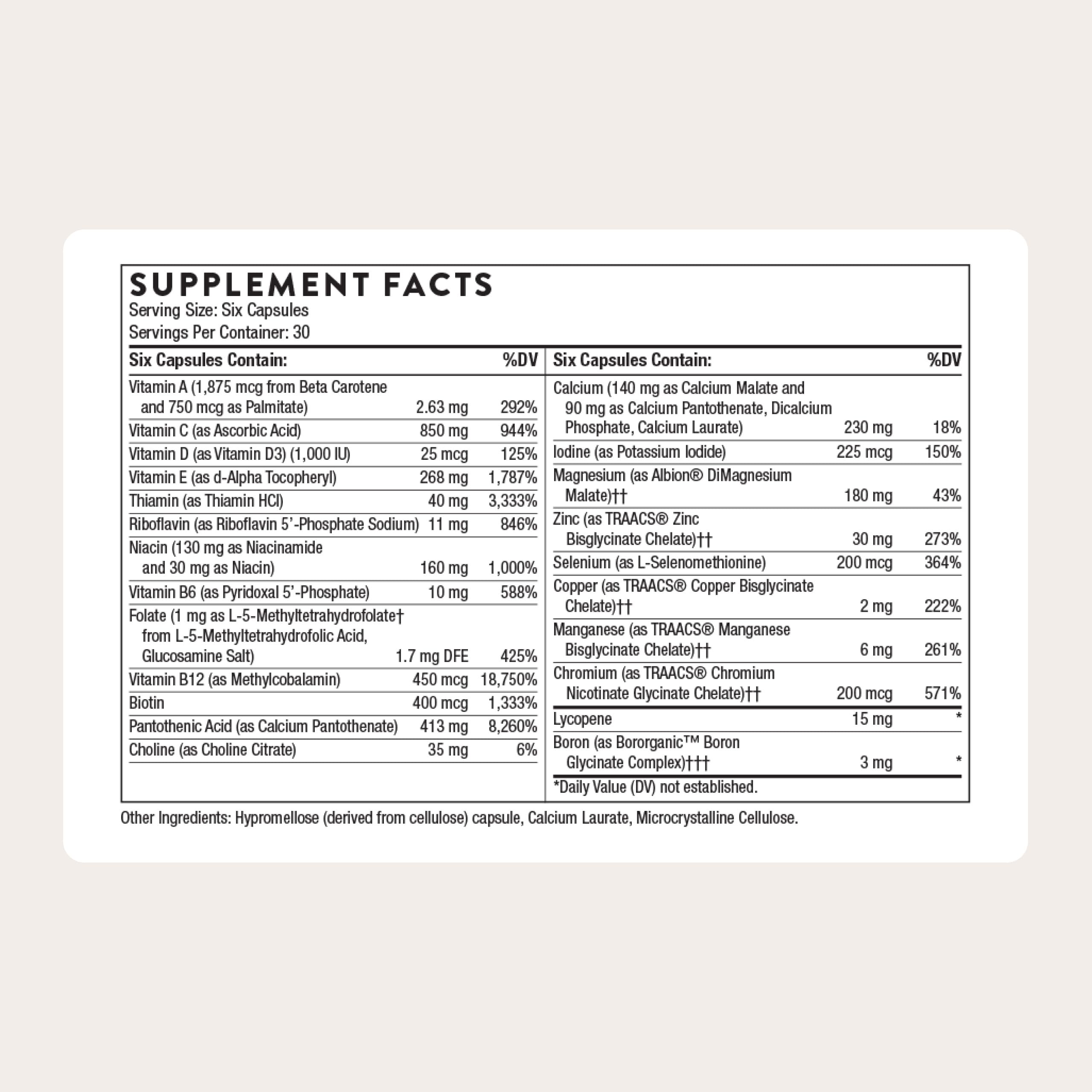 THORNE Men's Multi 50+ capsules close-up showing nutrient blend