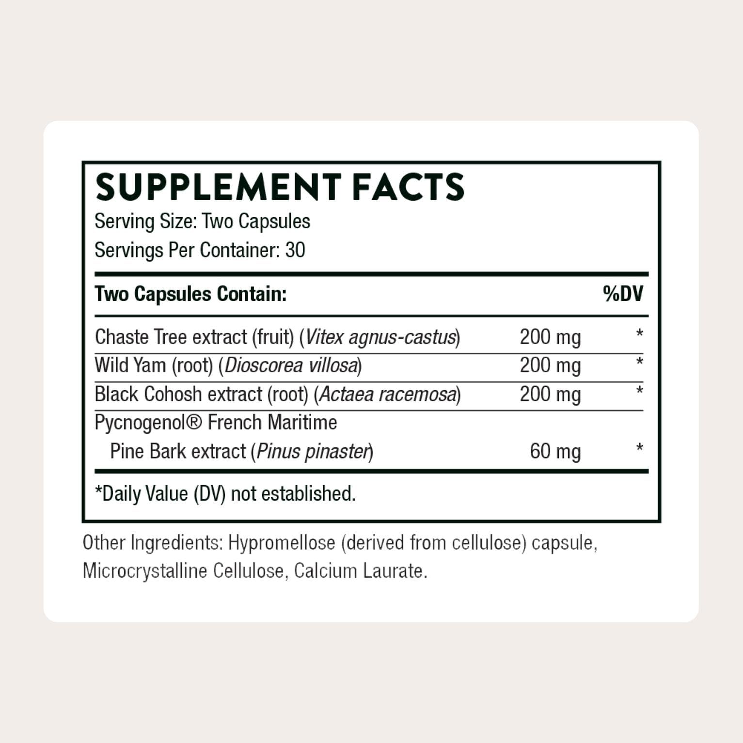 THORNE Meta-Balance label detail showing botanical ingredients and recommended use