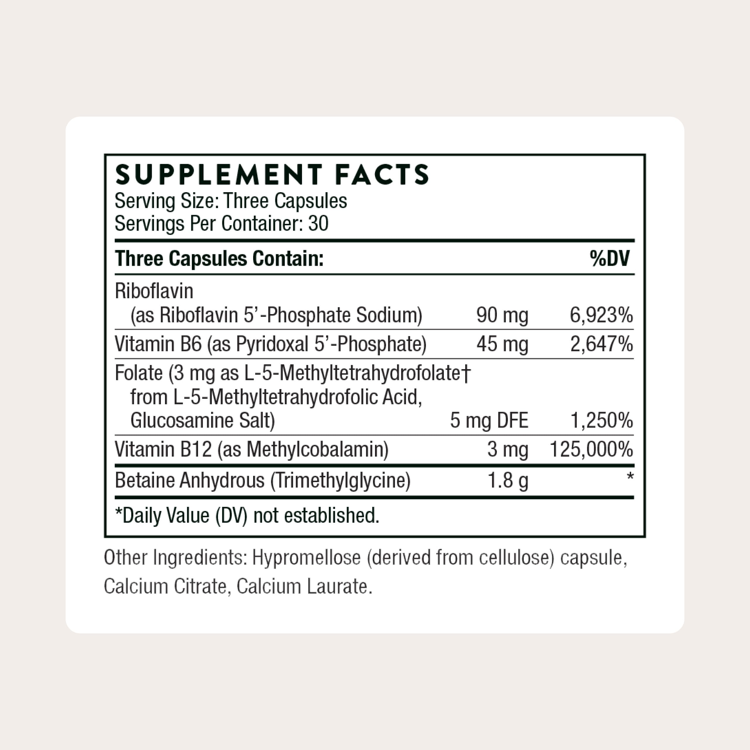 THORNE Methyl-Guard Plus label detail showing 5-MTHF and methylcobalamin.