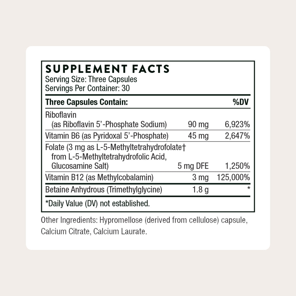 THORNE Methyl-Guard Plus label detail showing 5-MTHF and methylcobalamin.