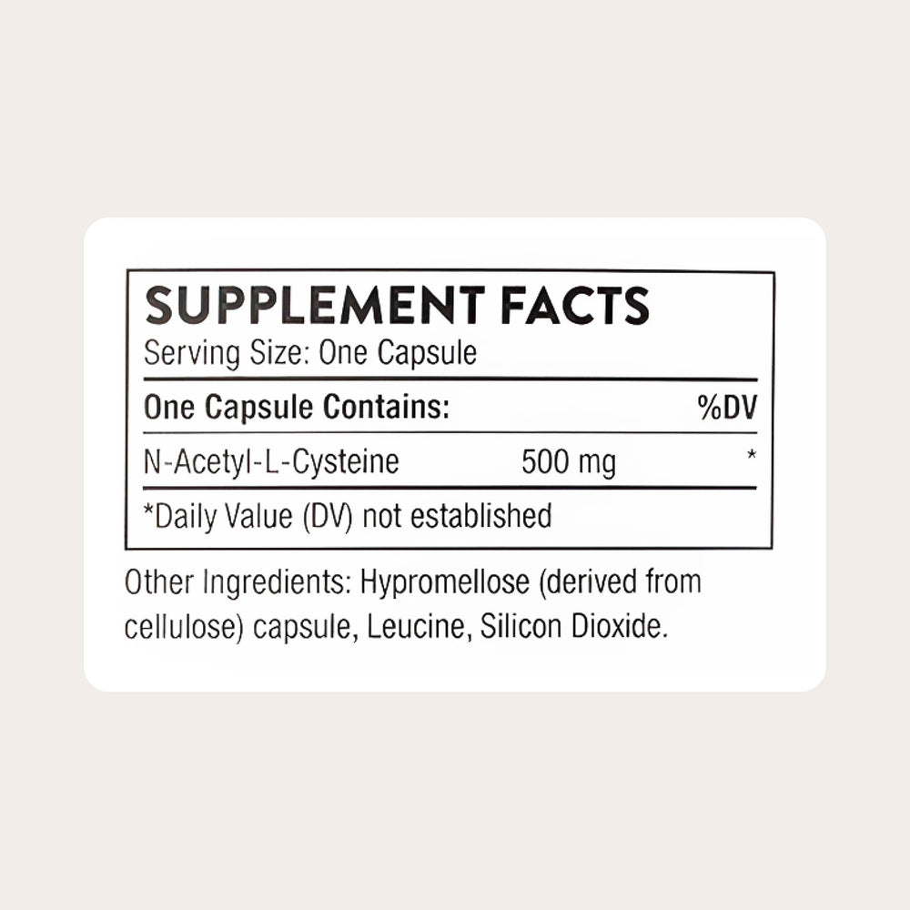 Thorne NAC 500mg bottle back label details ingredients and certification.