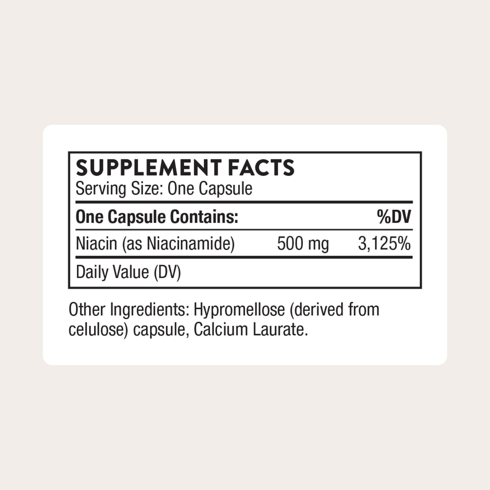 THORNE Niacinamide label closeup shows third-party certification and gluten-free formulation
