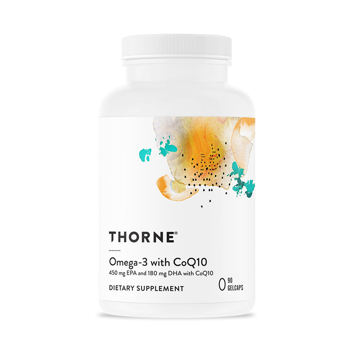 THORNE Omega-3 with CoQ10 bottle on shelf supports heart and brain health