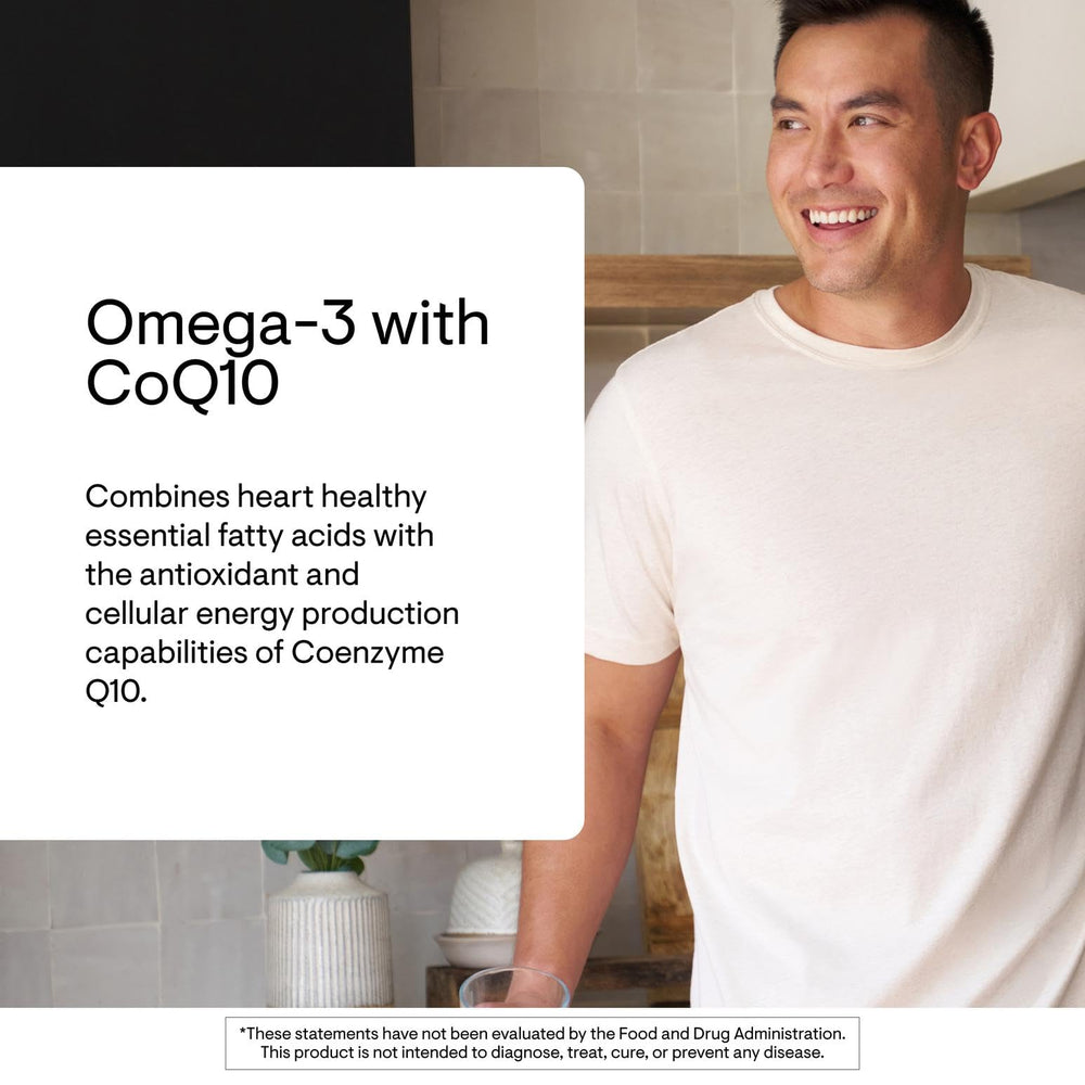 THORNE Omega-3 with CoQ10 pouring from bottle into hand for daily use