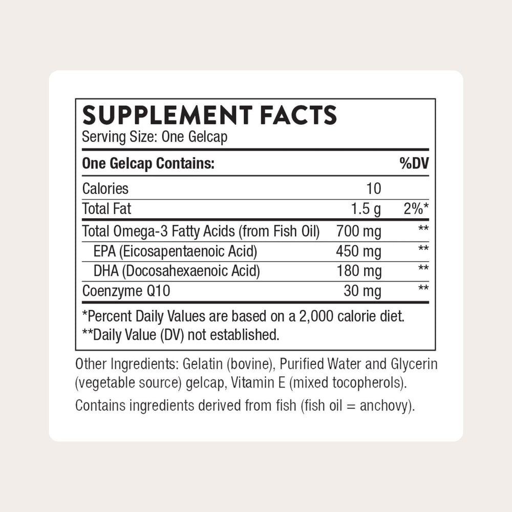 THORNE Omega-3 with CoQ10 softgels close-up for easy daily supplementation