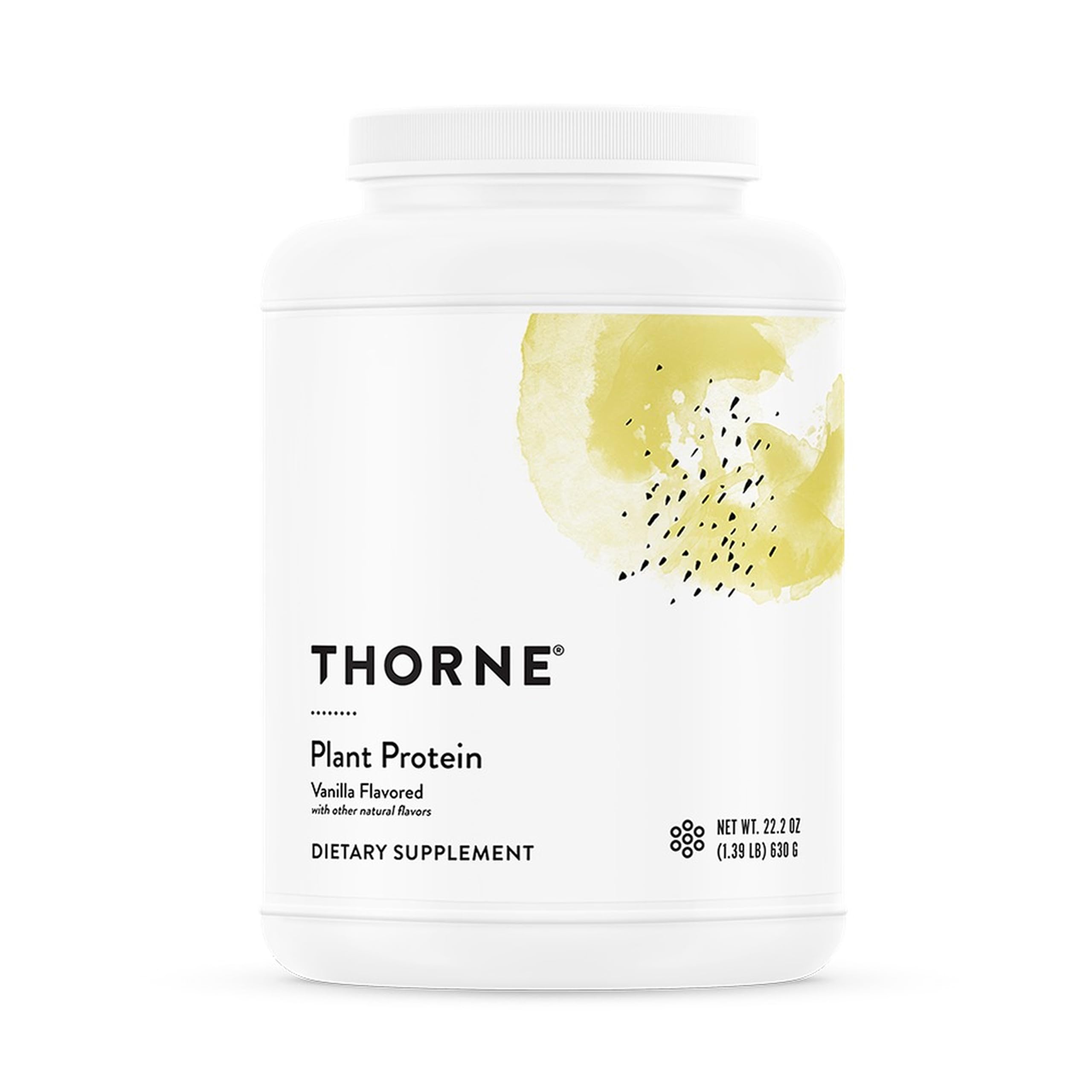 THORNE Plant Protein Vanilla tub showing complete amino acids for daily support.