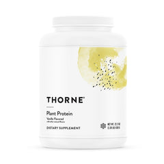 THORNE Plant Protein Vanilla tub showing complete amino acids for daily support.