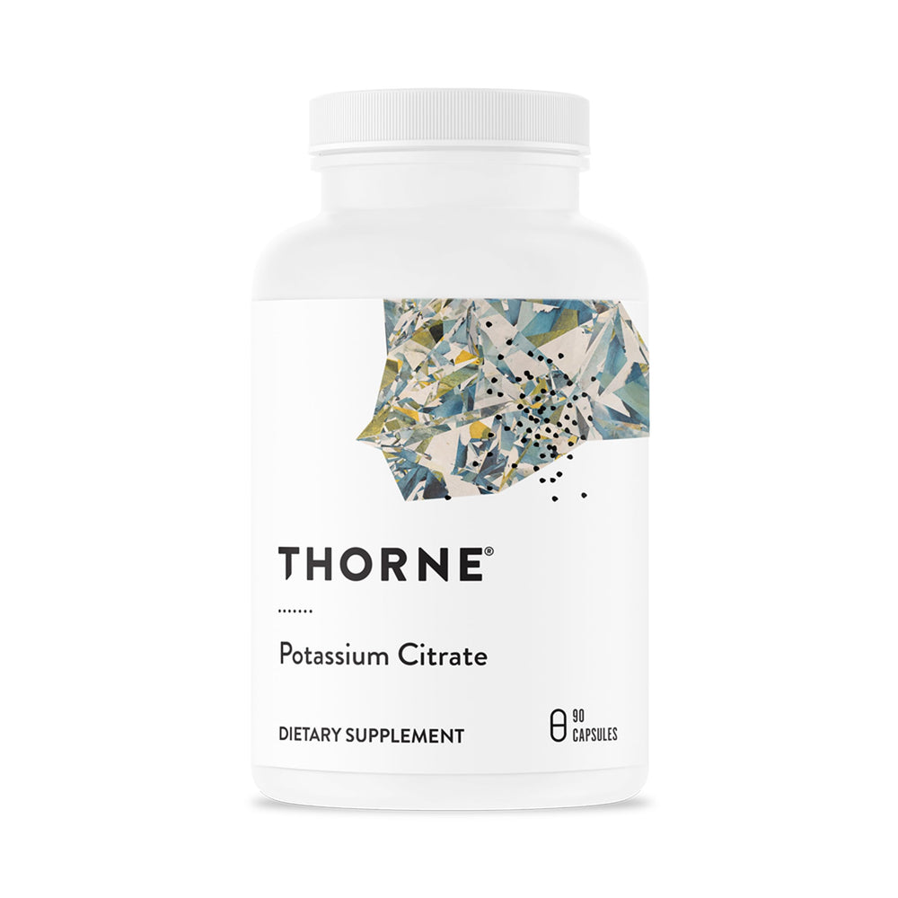 THORNE Potassium Citrate bottle shown for daily electrolyte support and muscle function.