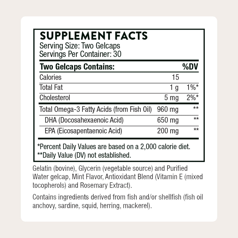 THORNE Prenatal DHA bottle front highlights 650 mg DHA.
