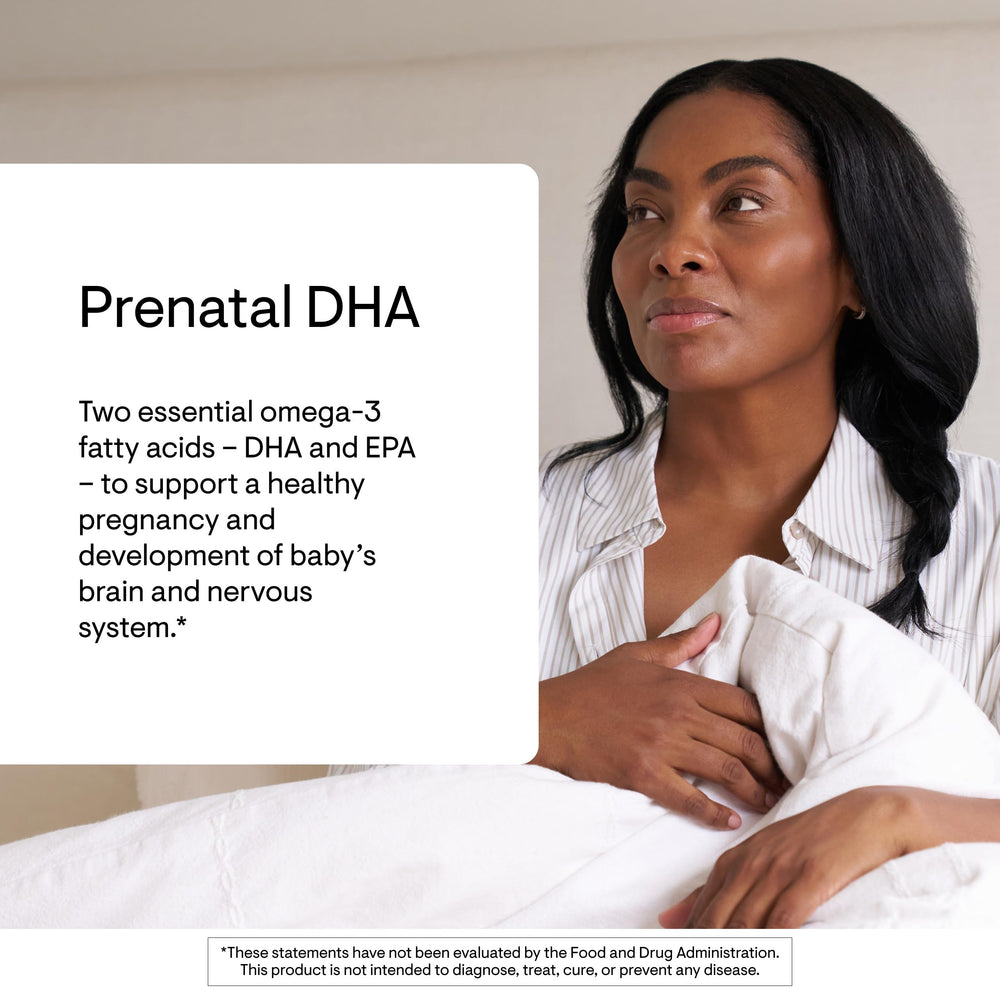 THORNE Prenatal DHA label detail and third-party certification badge.