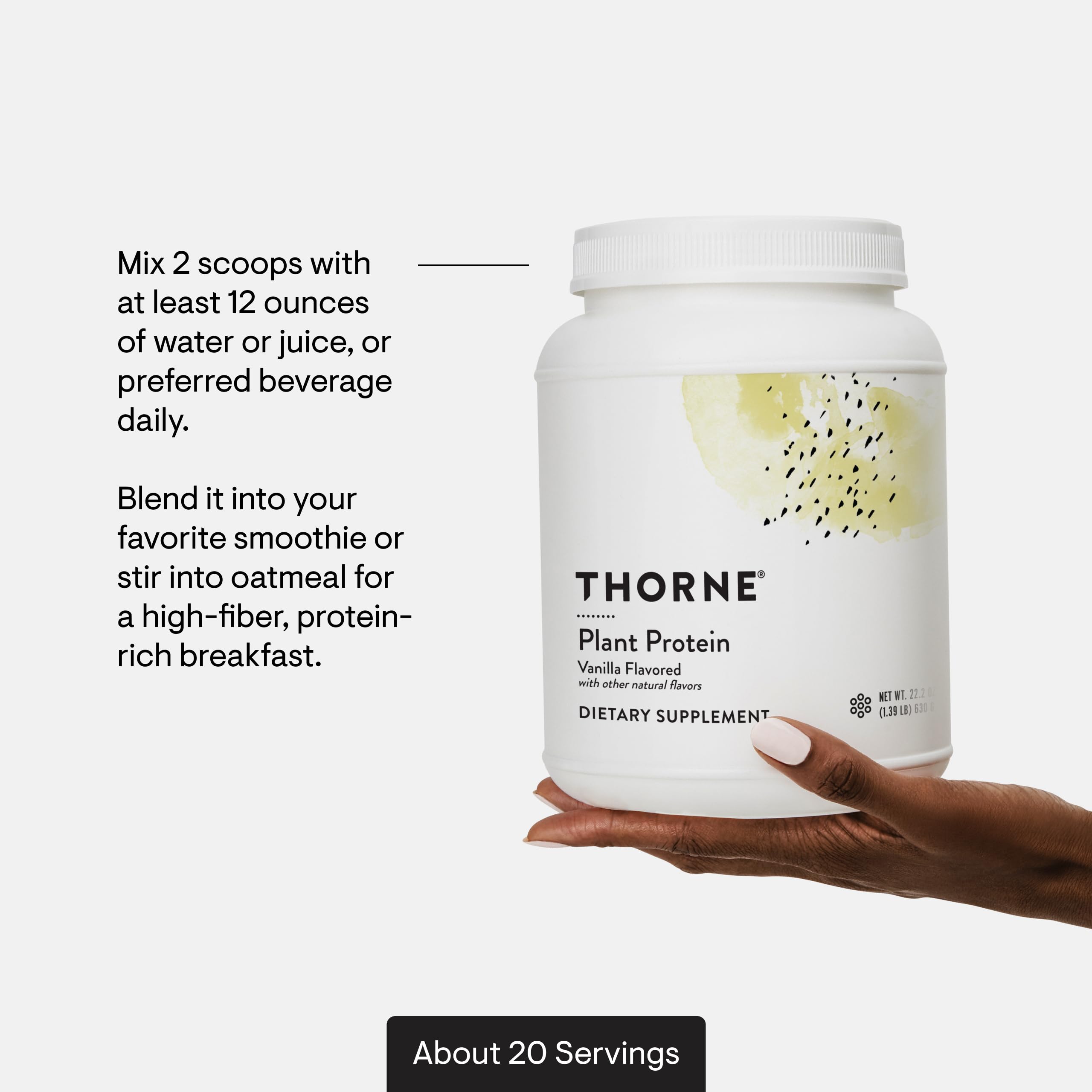 THORNE shaker with vanilla protein swirling for easy mix.