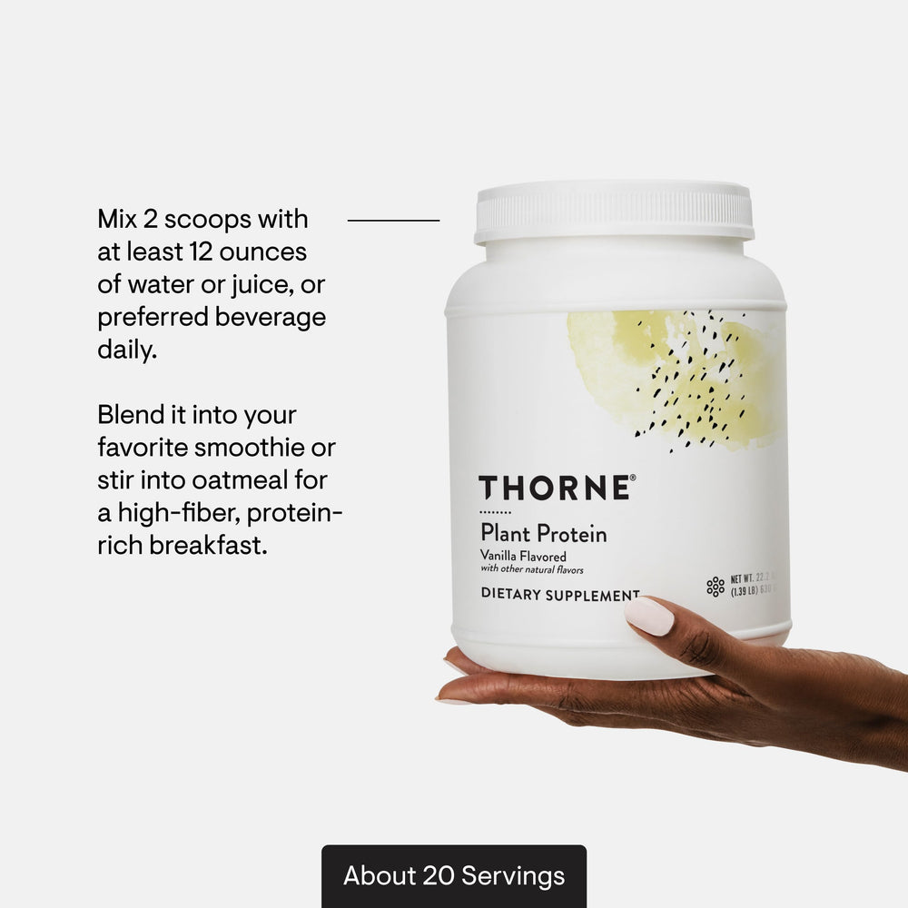 THORNE shaker with vanilla protein swirling for easy mix.