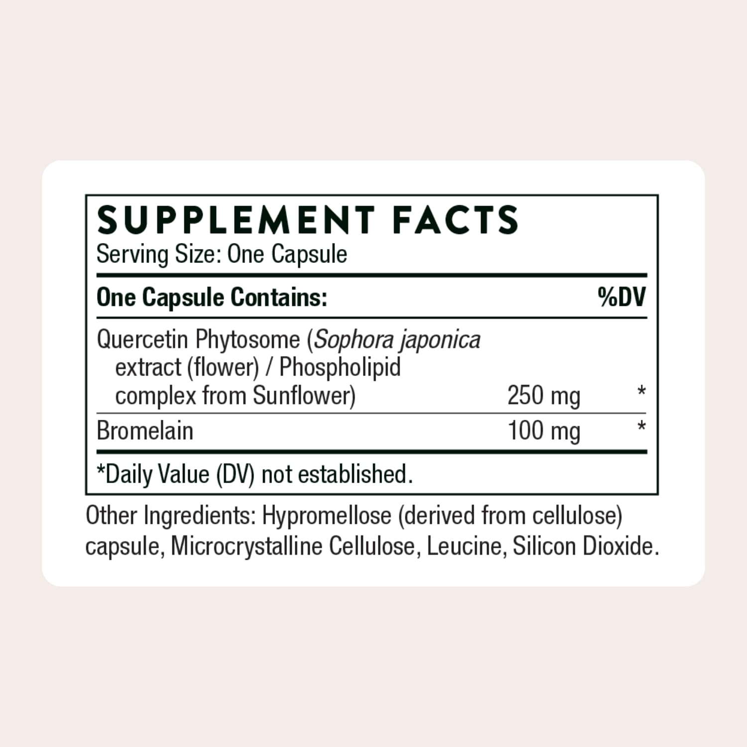 THORNE Quercetin Complex bottle side shows dosage guidance for consistent use.
