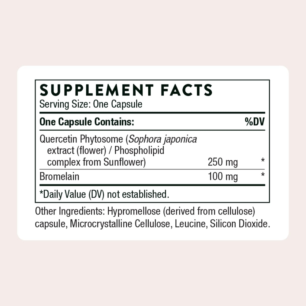 THORNE Quercetin Complex bottle side shows dosage guidance for consistent use.