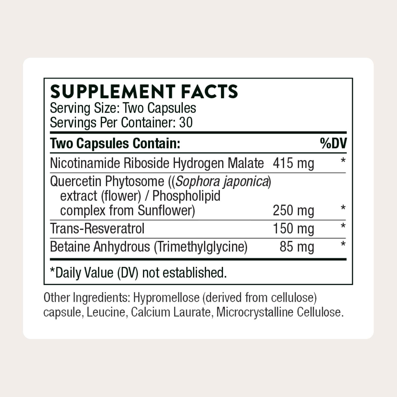 Thorne ResveraCel bottle back label and ingredients disclosure.