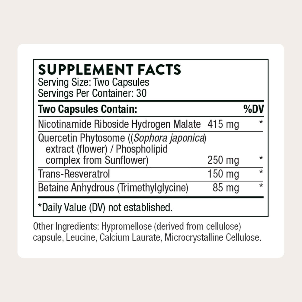 Thorne ResveraCel bottle back label and ingredients disclosure.