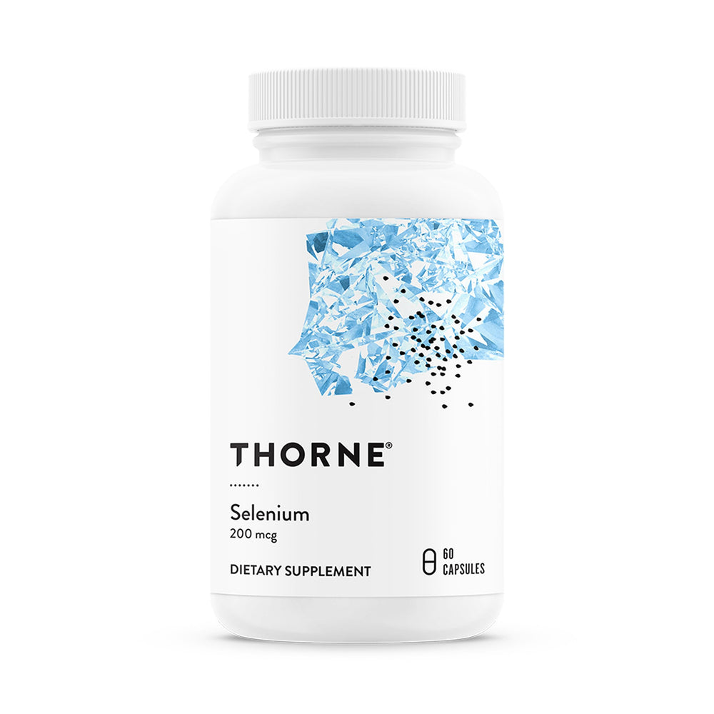 Thorne selenium 200mcg bottle for daily antioxidant support.