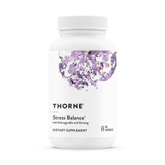 Thorne Stress Balance bottle close-up for daily stress support and supplement details.