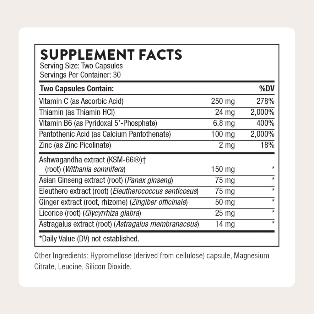 Thorne Stress Balance label detail highlights key adaptogens and vitamins.