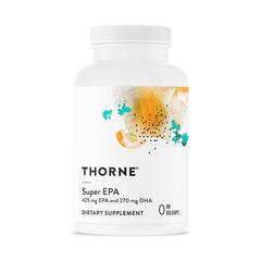 THORNE Super EPA bottle label highlighting sustainable omega-3 sourcing for heart and brain support.