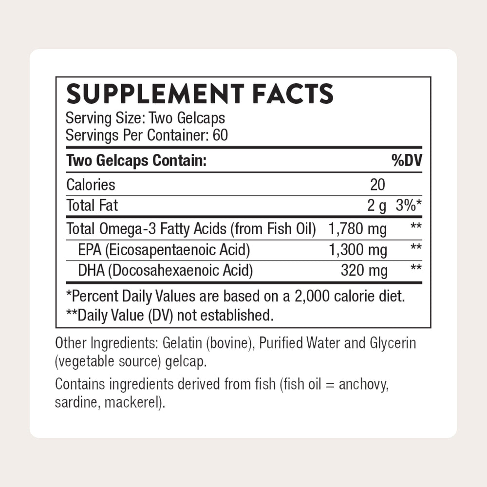 Thorne Super EPA Pro softgels pour showing easy-to-swallow capsules for daily use.