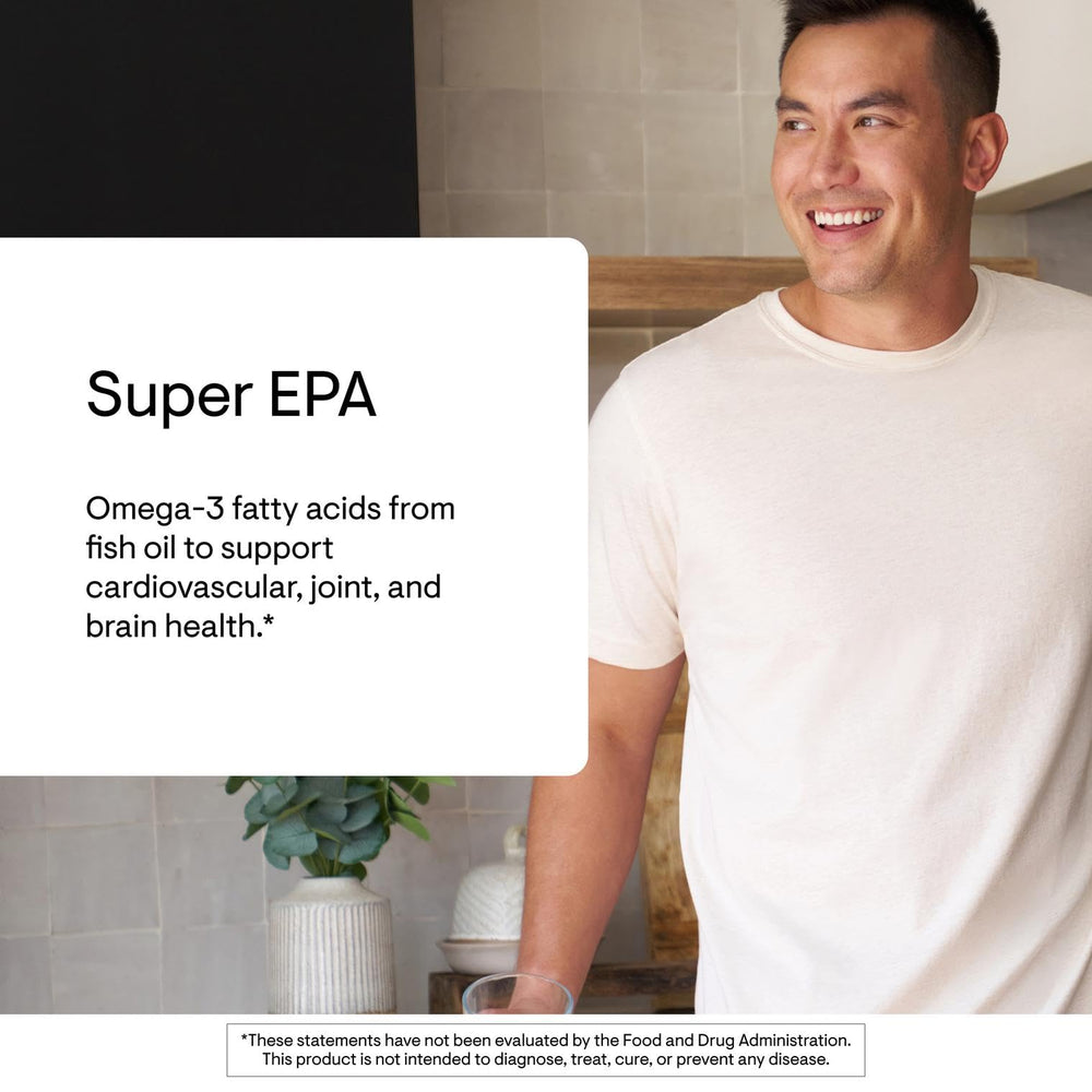 THORNE Super EPA softgels poured into hand illustrating convenient use.