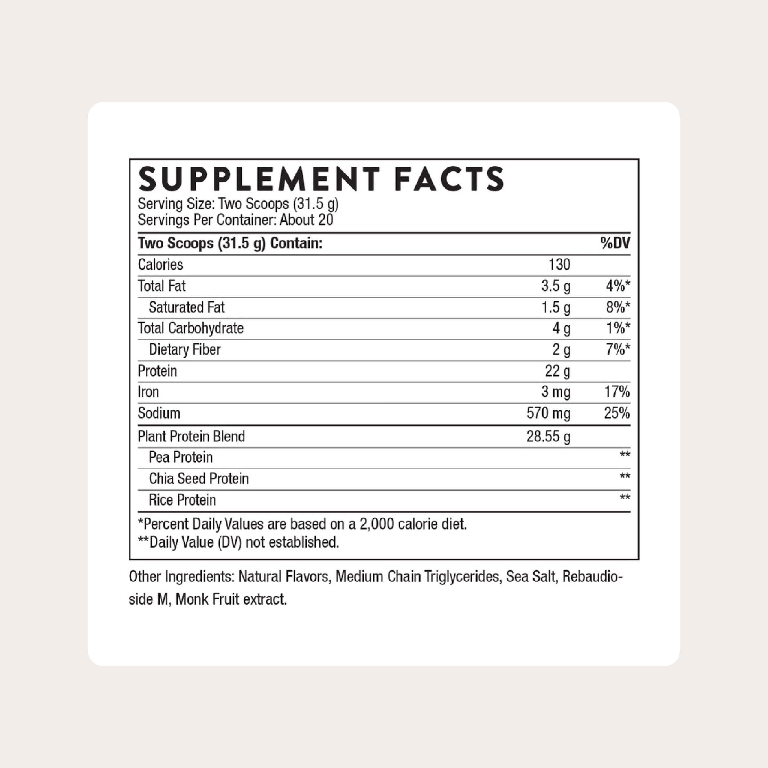 THORNE vegan protein blend featuring pea, rice and chia ingredients.