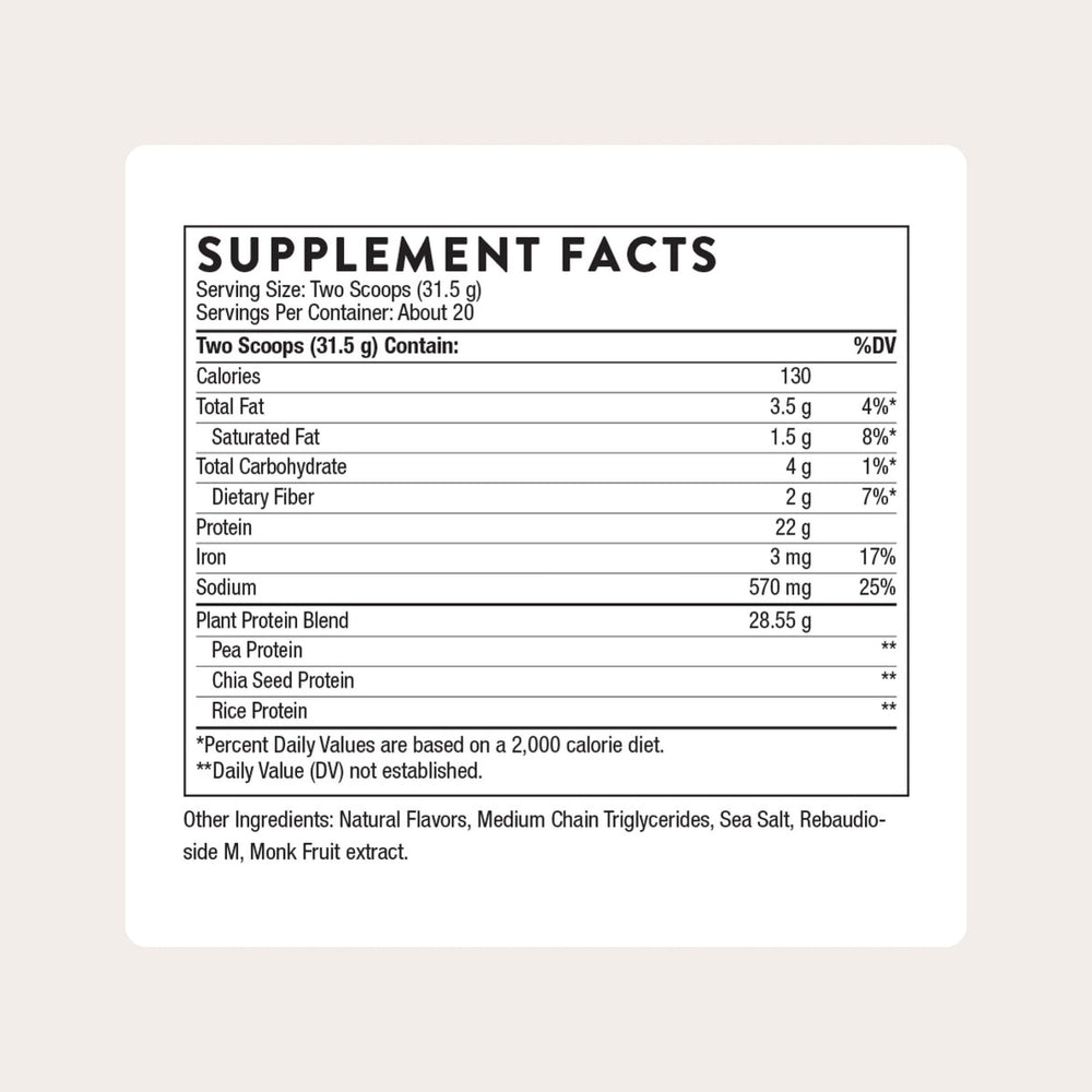THORNE vegan protein blend featuring pea, rice and chia ingredients.