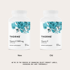 Thorne Vitamin C 500mg citrus bioflavonoids graphic emphasizes antioxidant support.