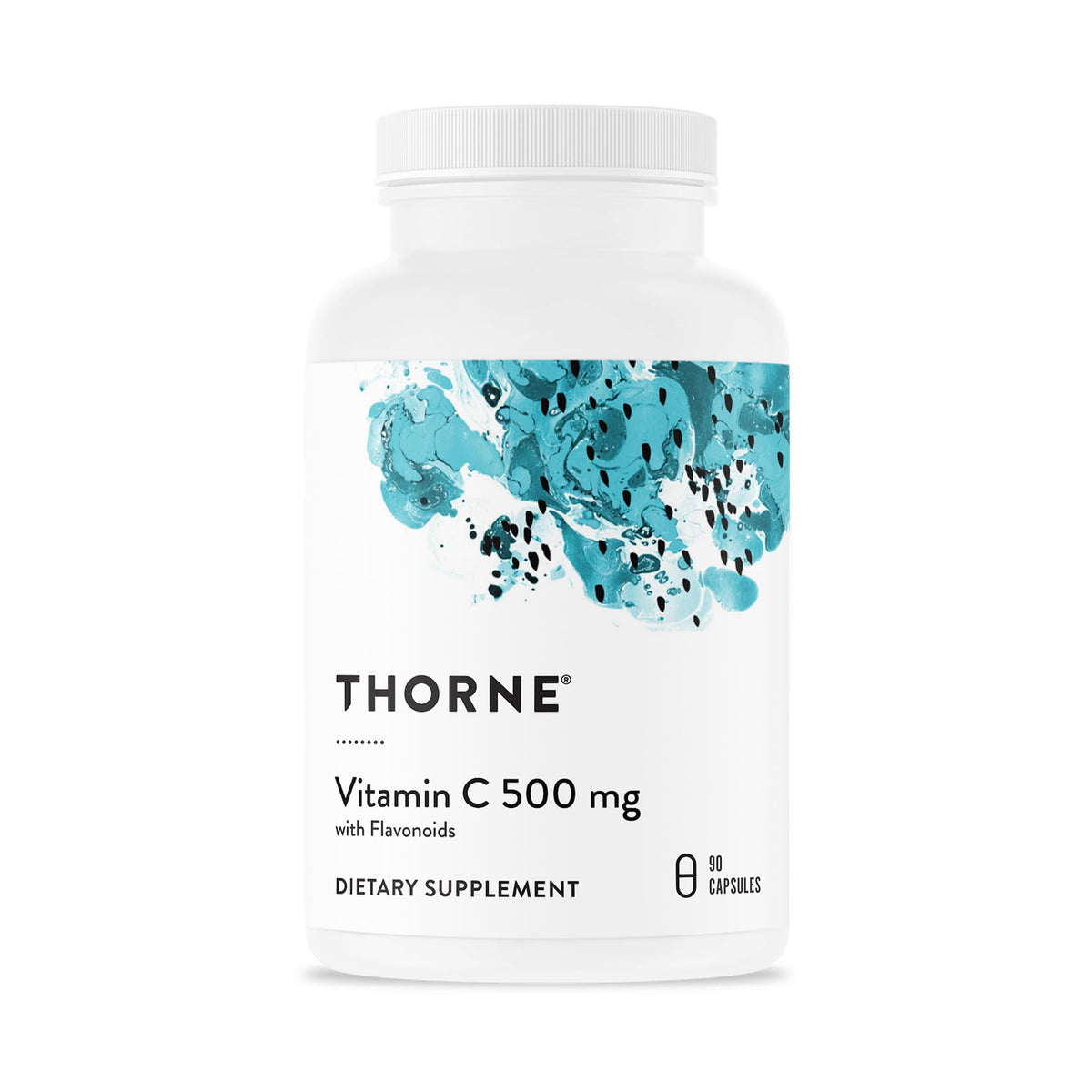Thorne Vitamin C 500mg bottle front with label and dosage information.