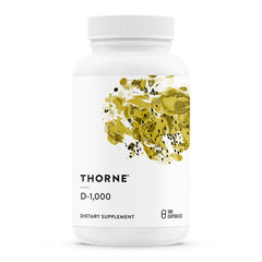 Thorne Vitamin D-1000 bottle front for bone support and immune health.