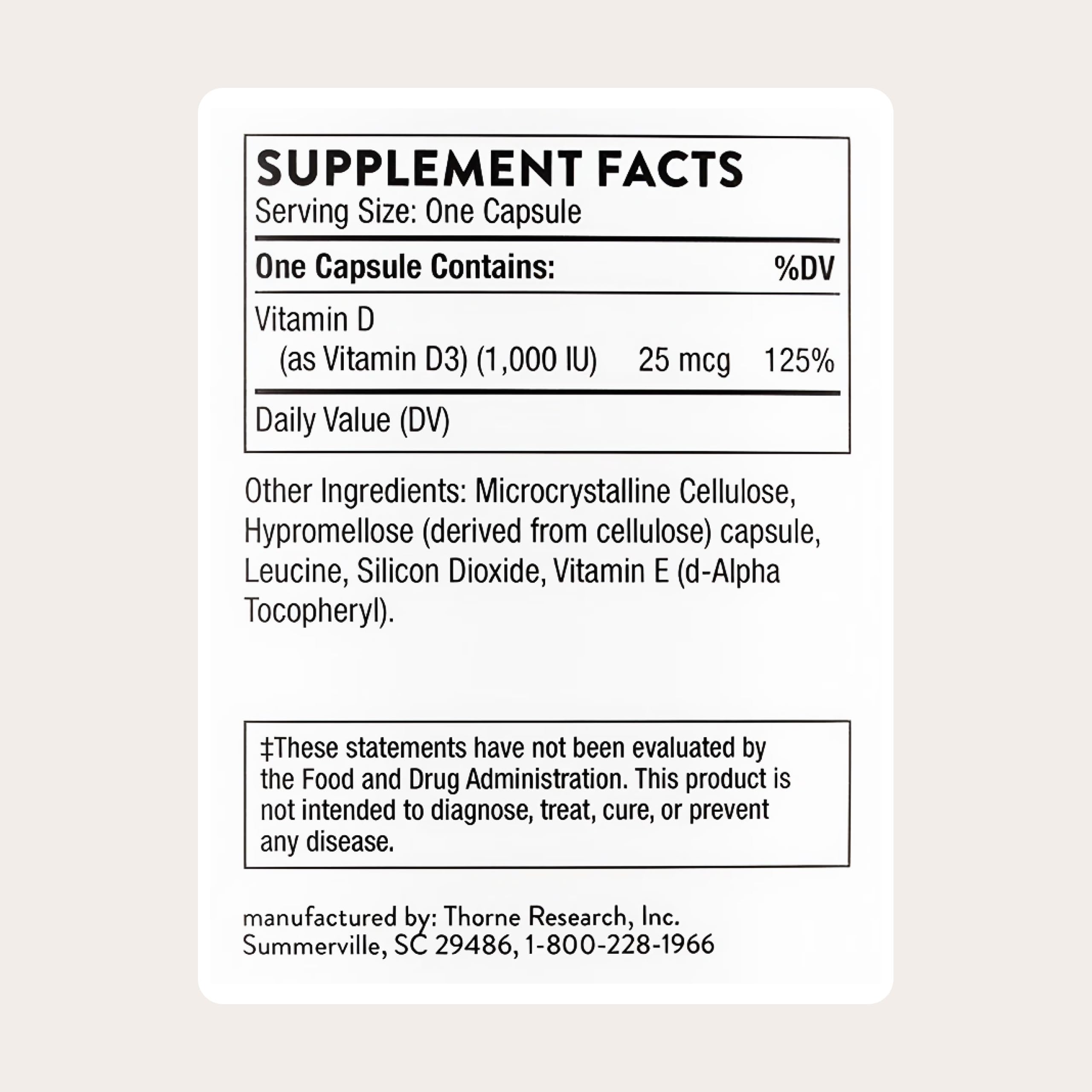 Close-up of Thorne Vitamin D-1000 capsules for daily supplementation.