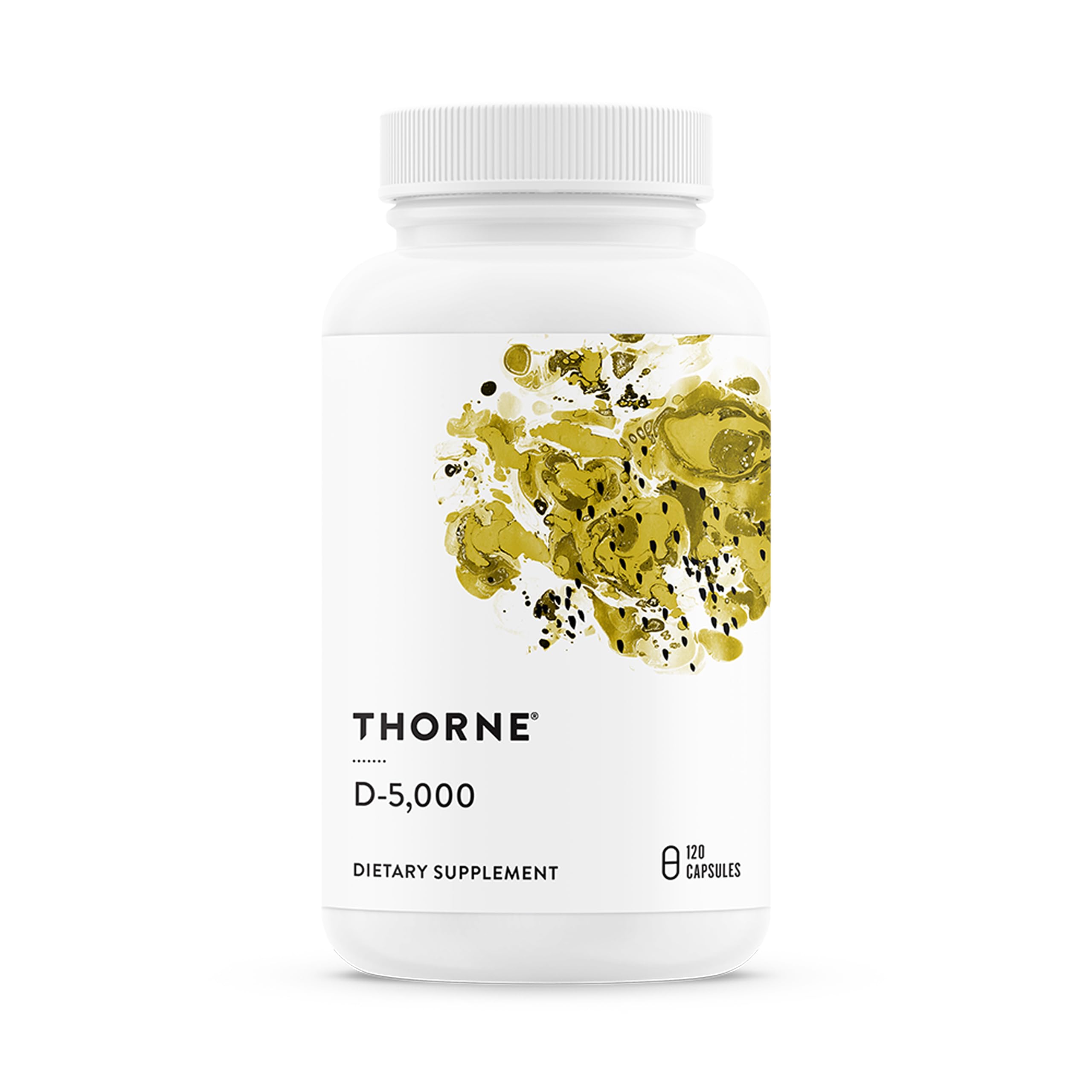 THORNE Vitamin D-5,000 bottle front; compact daily supplement for bones.