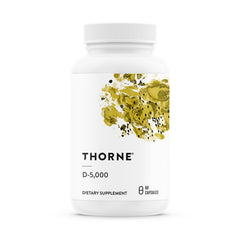 Thorne Vitamin D-5,000 bottle label highlights D3 support for bones and immune health.