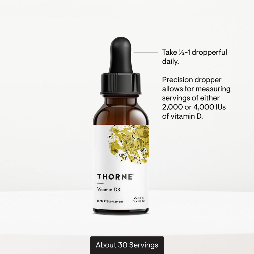 THORNE Vitamin D3 bulb dropper top with clear measurement marks