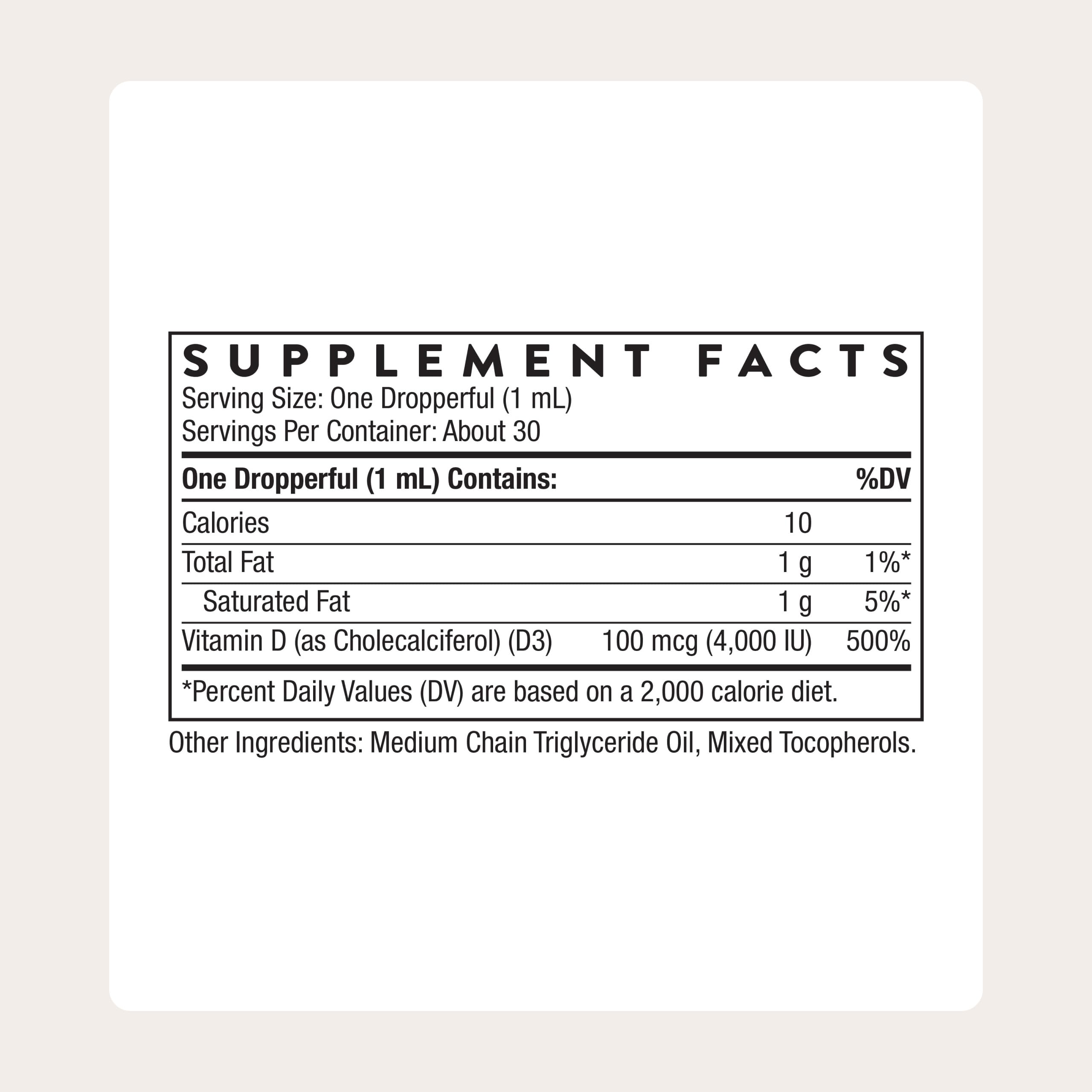 THORNE Vitamin D3 liquid dropper demonstrates precise dose for customizable intake