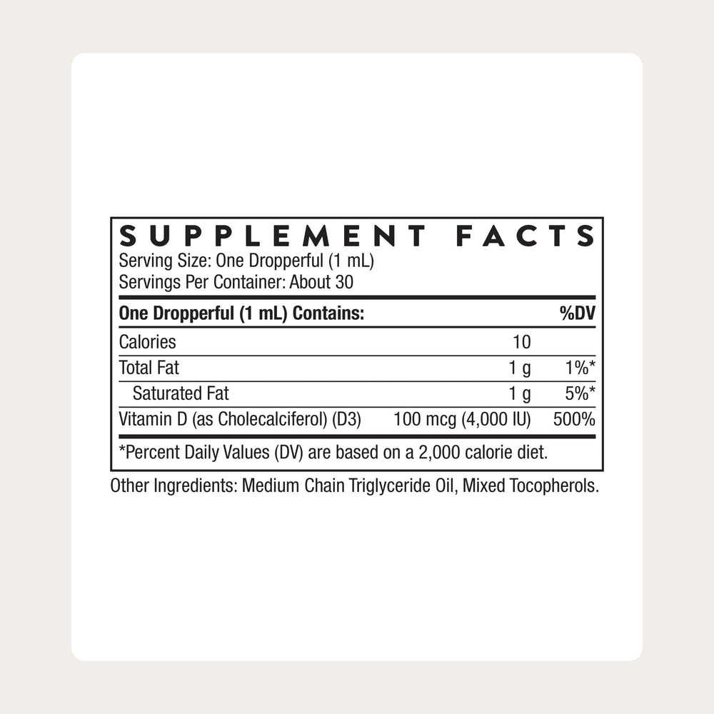 THORNE Vitamin D3 liquid dropper demonstrates precise dose for customizable intake