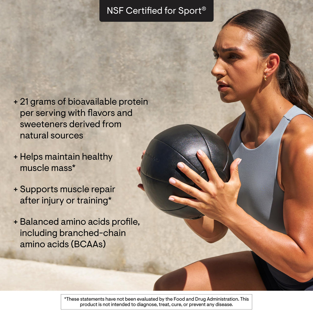 THORNE product label on chocolate whey protein tub confirming NSF Certified for Sport.