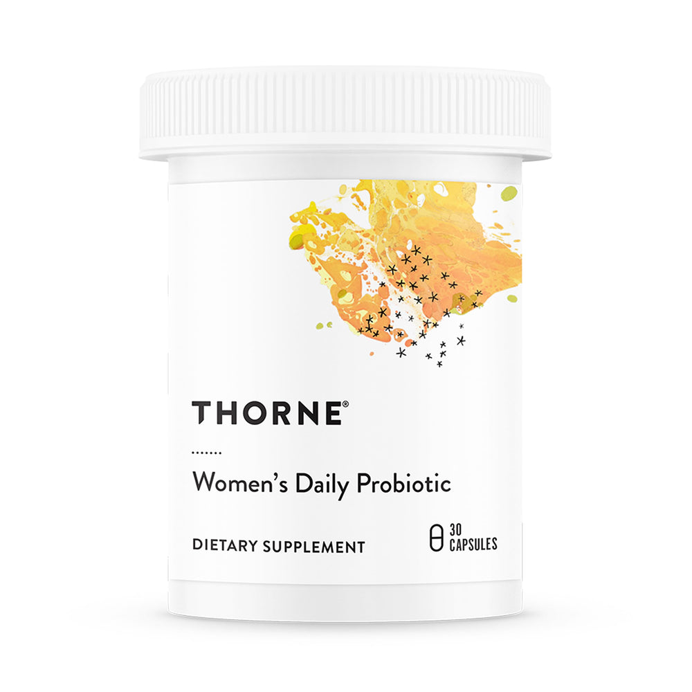 THORNE Women's Daily Probiotic bottle front view promoting daily wellness and convenience.