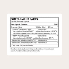 THORNE Women's Daily Probiotic bottle label shows 10B CFU formula for probiotic balance.