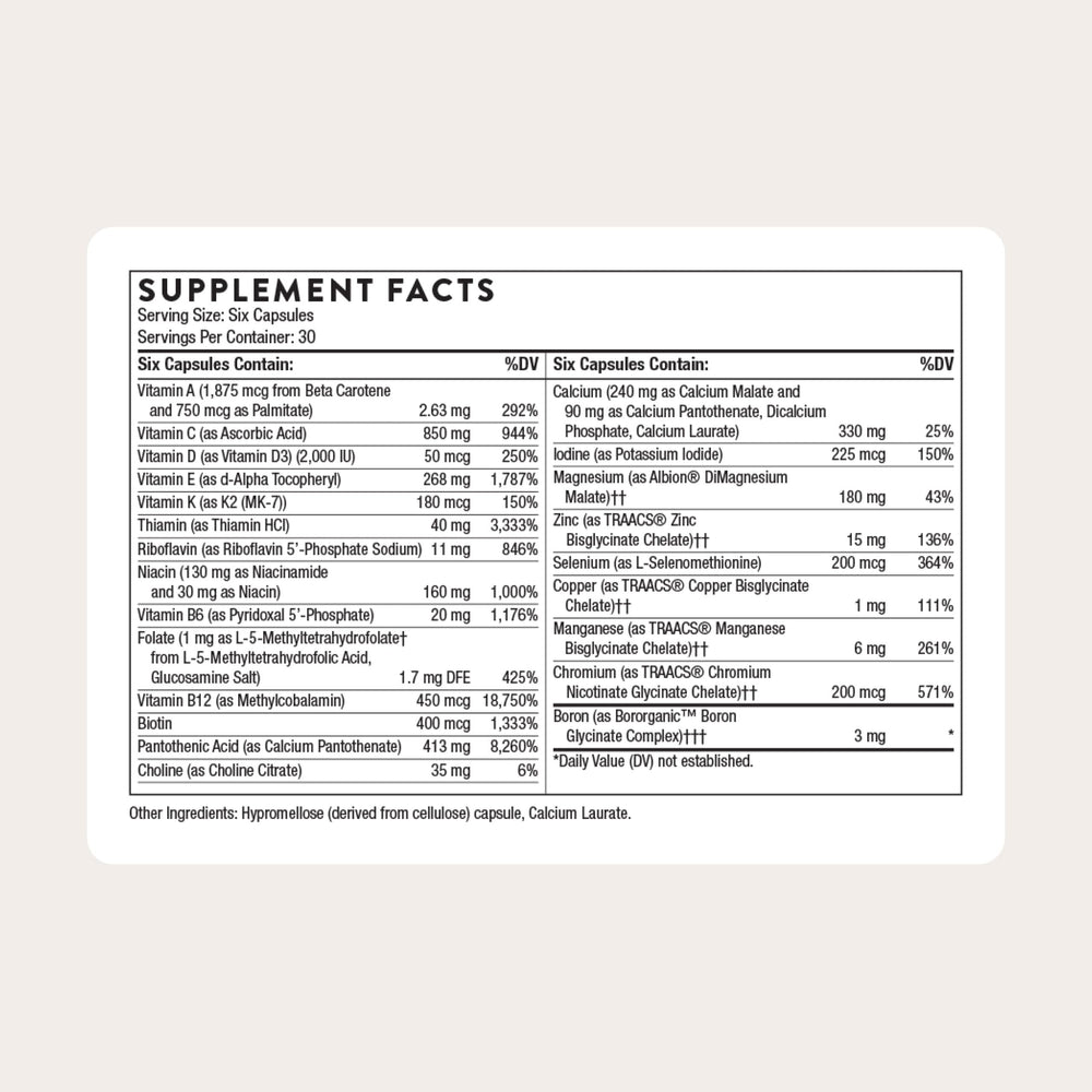 THORNE Women's Multi 50+ capsules close-up showcasing bone support nutrients.
