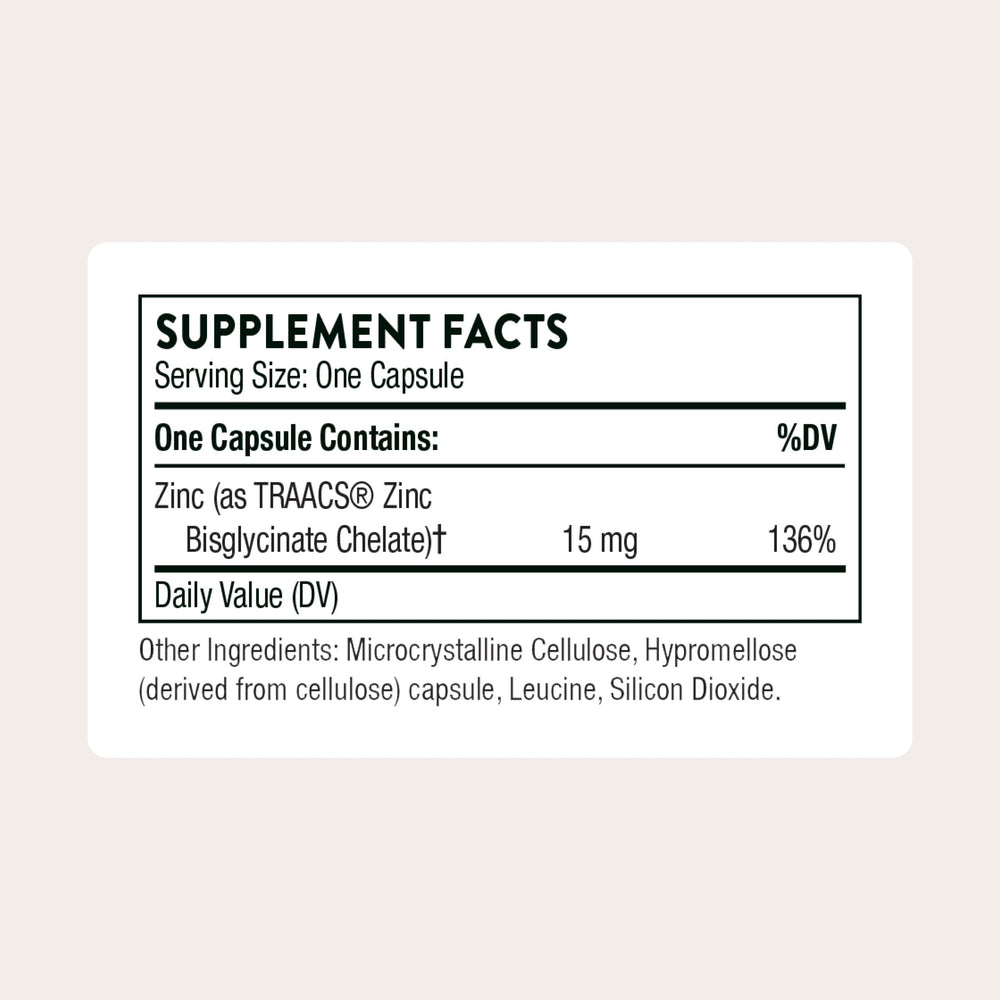 Thorne zinc bisglycinate capsules close-up showing smooth coating and compact form.