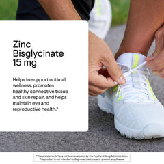 Thorne zinc bisglycinate label close-up highlights gluten, dairy, soy-free formulation.